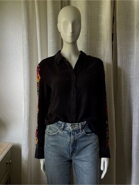 Equipment Black Button-Down Blouse with Floral Sleeve Embroidery